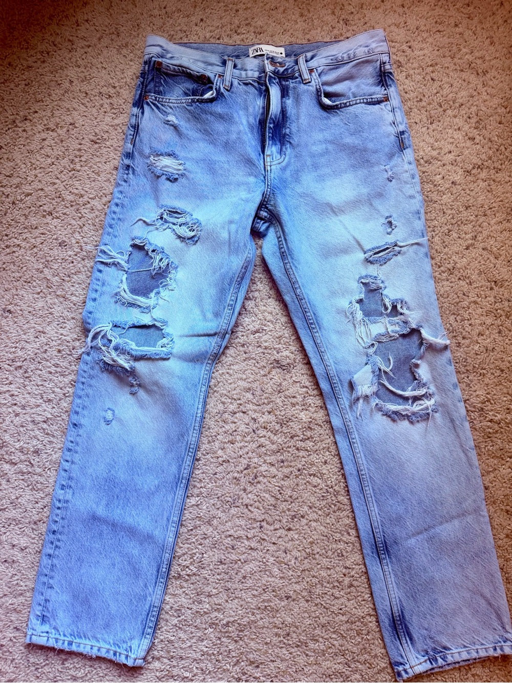 ZARA Light Blue Ripped Slim Straight Jeans